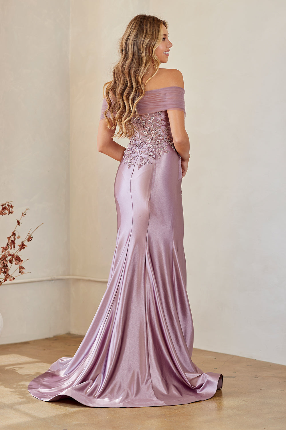 8074 off-shoulder embellished slit gown, victorian purple, back view
