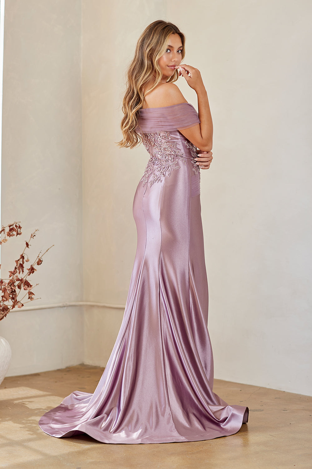 8074 off-shoulder embellished slit gown, victorian purple, back view