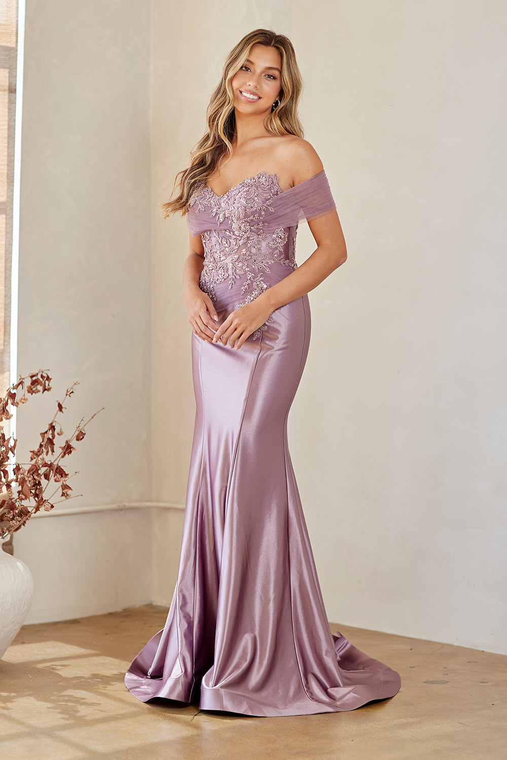 8074 off-shoulder embellished slit gown, victorian purple, front view