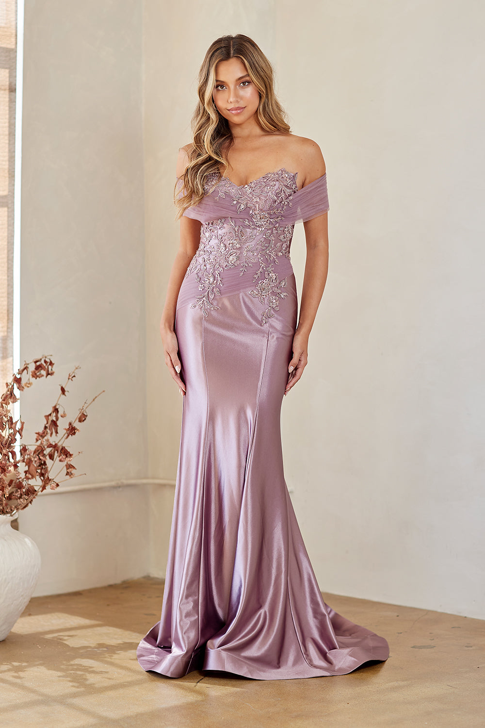 8074 off-shoulder embellished slit gown, victorian purple, front view