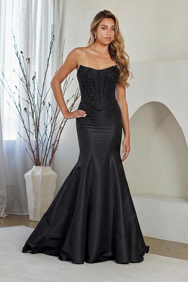 8080 strapless corset mermaid gown, black, front view
