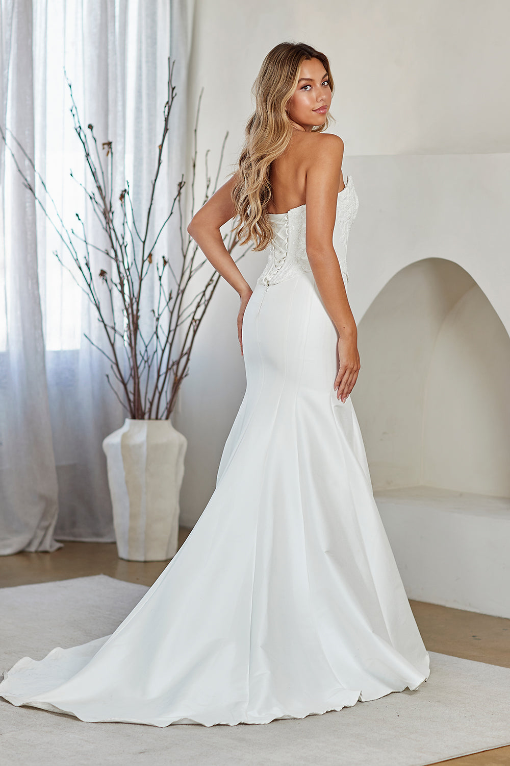 8080 strapless corset mermaid gown, white, back view
