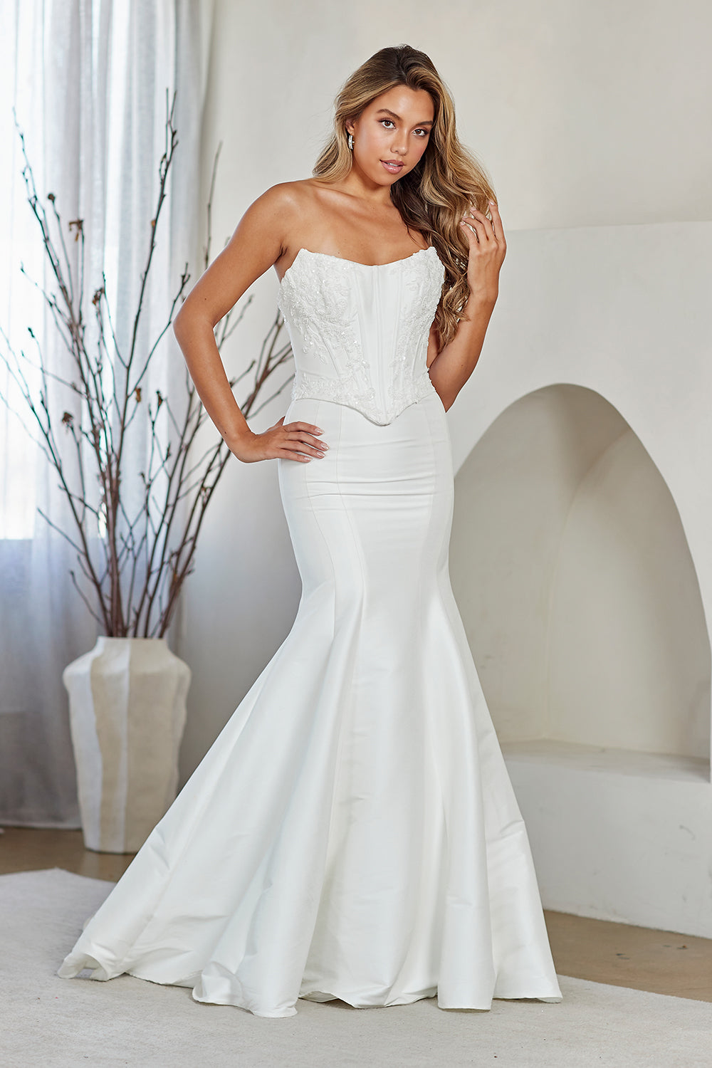 8080 strapless corset mermaid gown, white, front view