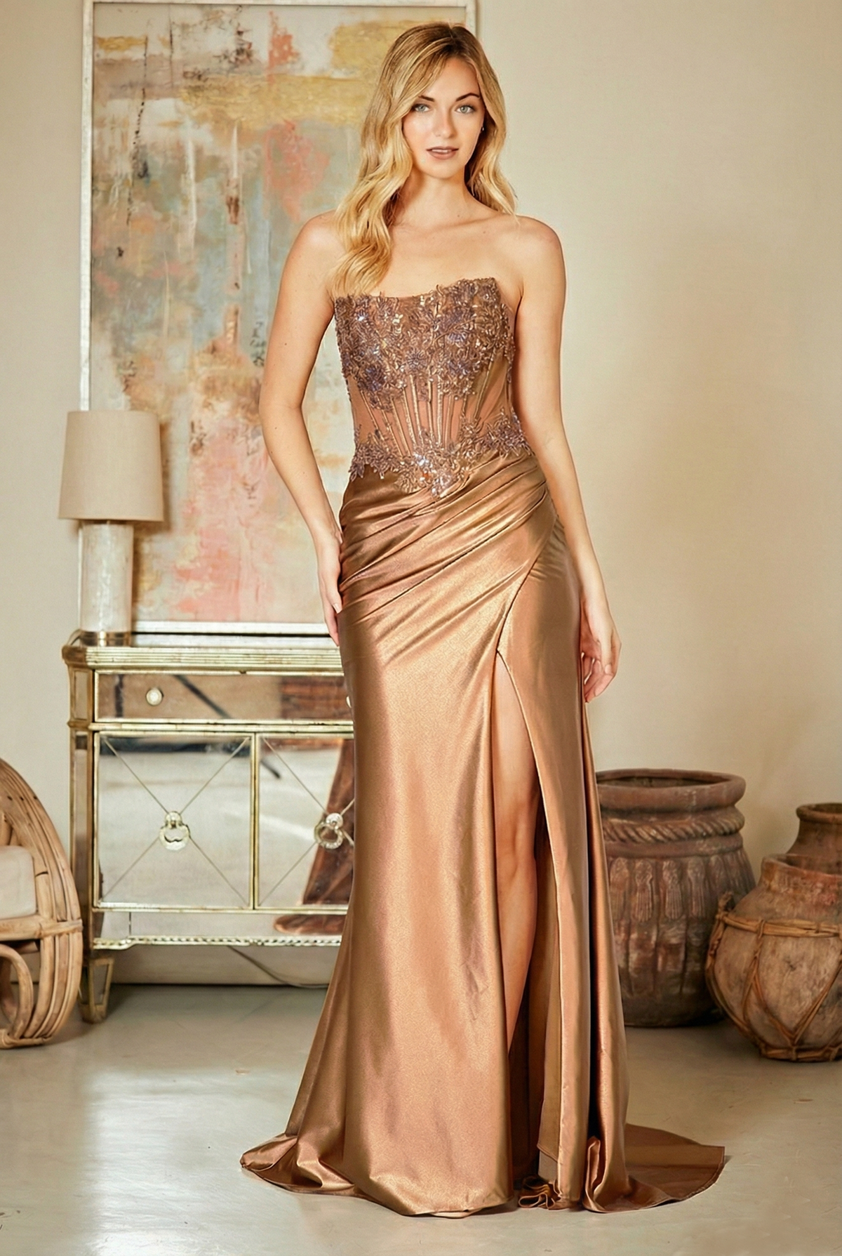 9056 embellished corset draped slit gown, mocha, front view