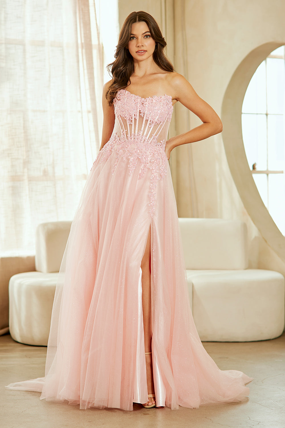 Catrina floral corset glitter tulle gown, blush, front view