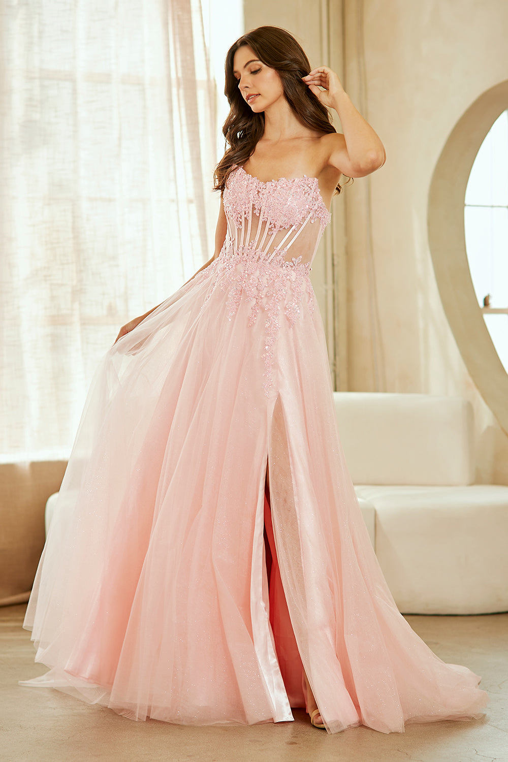 Catrina floral corset glitter tulle gown, blush, front view