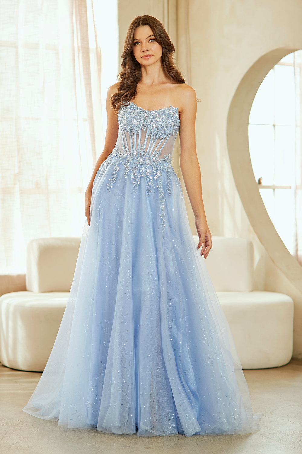 Catrina floral corset glitter tulle gown, periwinkle, front view