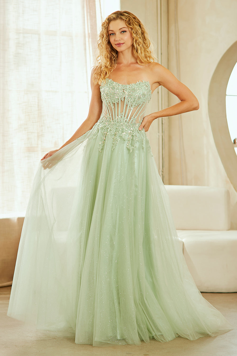 Catrina floral corset glitter tulle gown, sage, front view