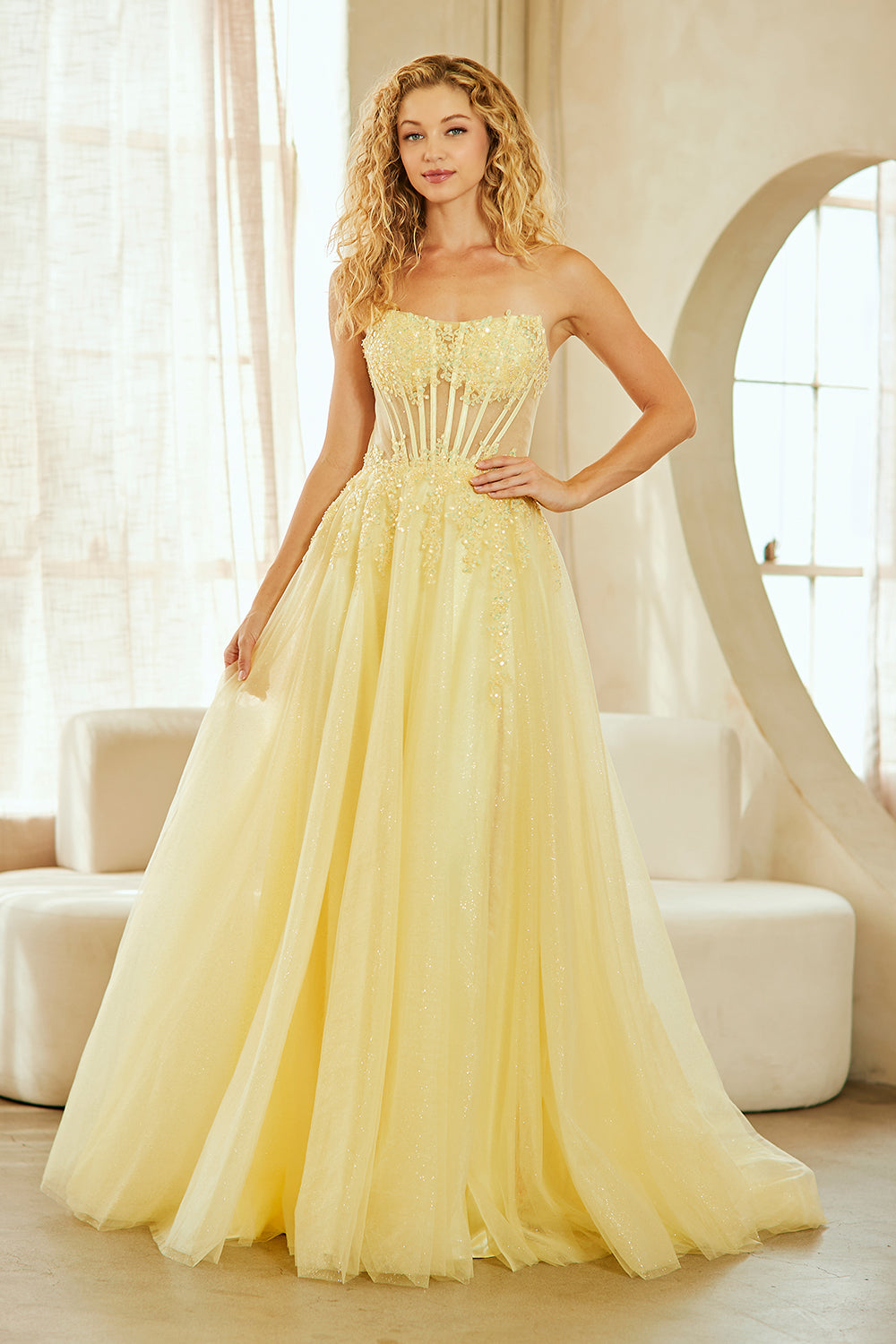 Catrina floral corset glitter tulle gown, yellow, front view