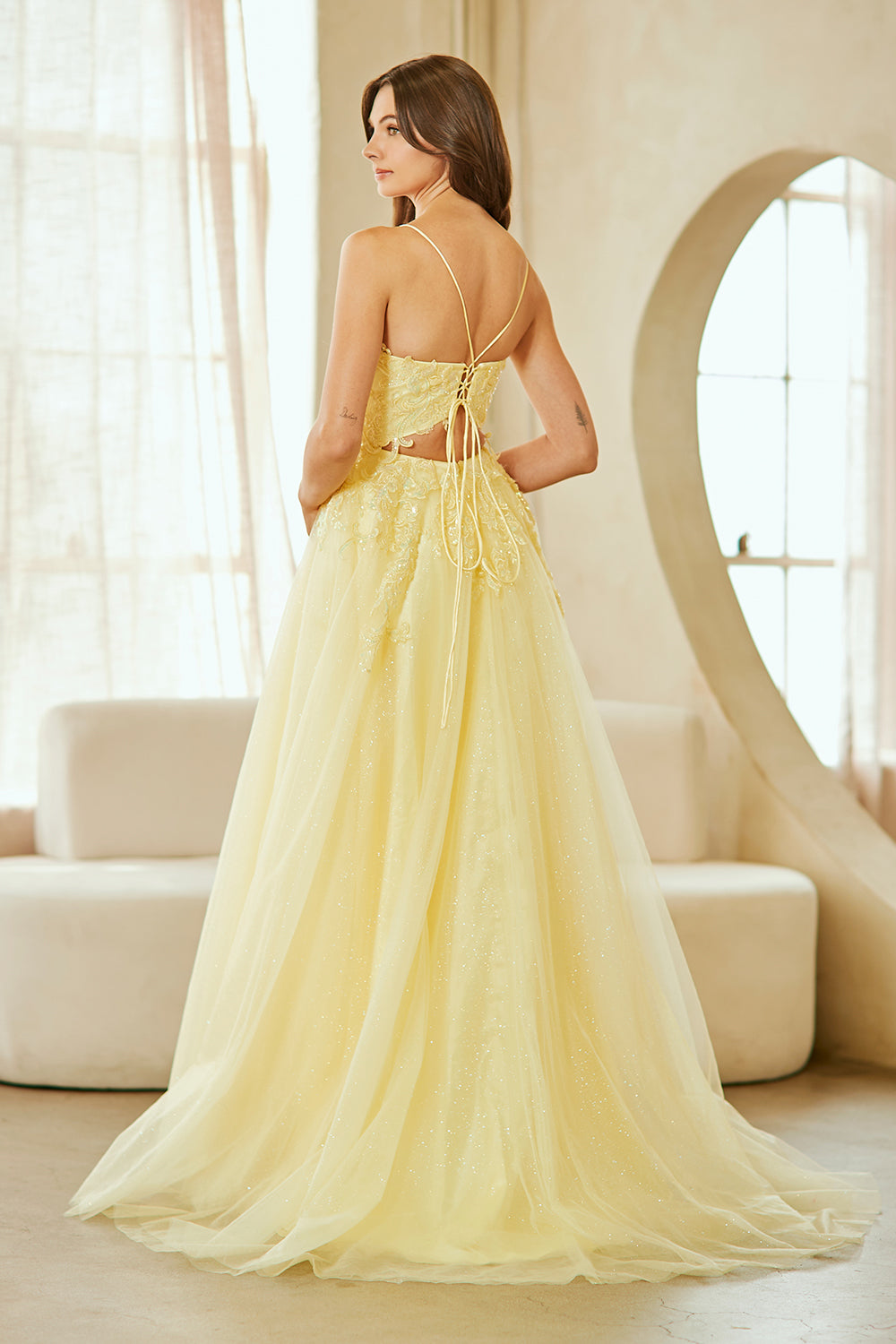 9079 beaded sweetheart tulle gown, yellow, back view