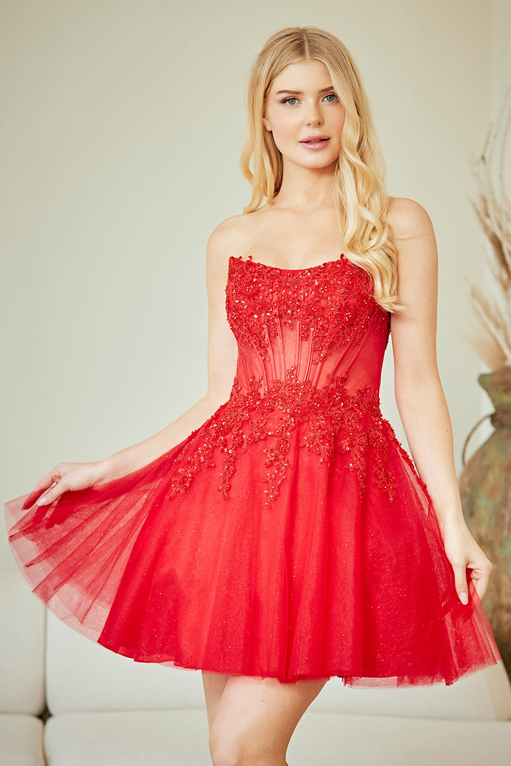 9083S floral corset tulle mini dress, red, front view