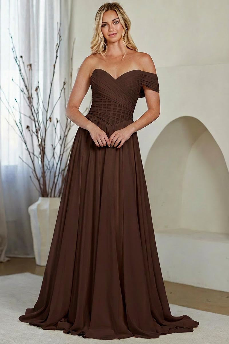 9097 off shoulder corset a-line gown, brown, front view