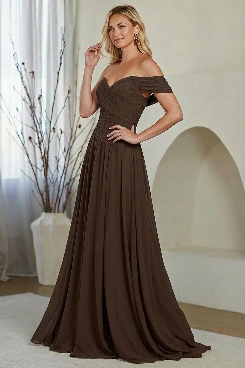 9097 off shoulder corset a-line gown, brown, front view
