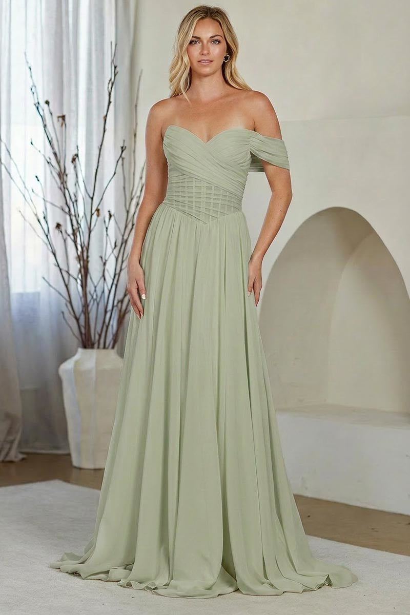 9097 off shoulder corset a-line gown, sage, front view