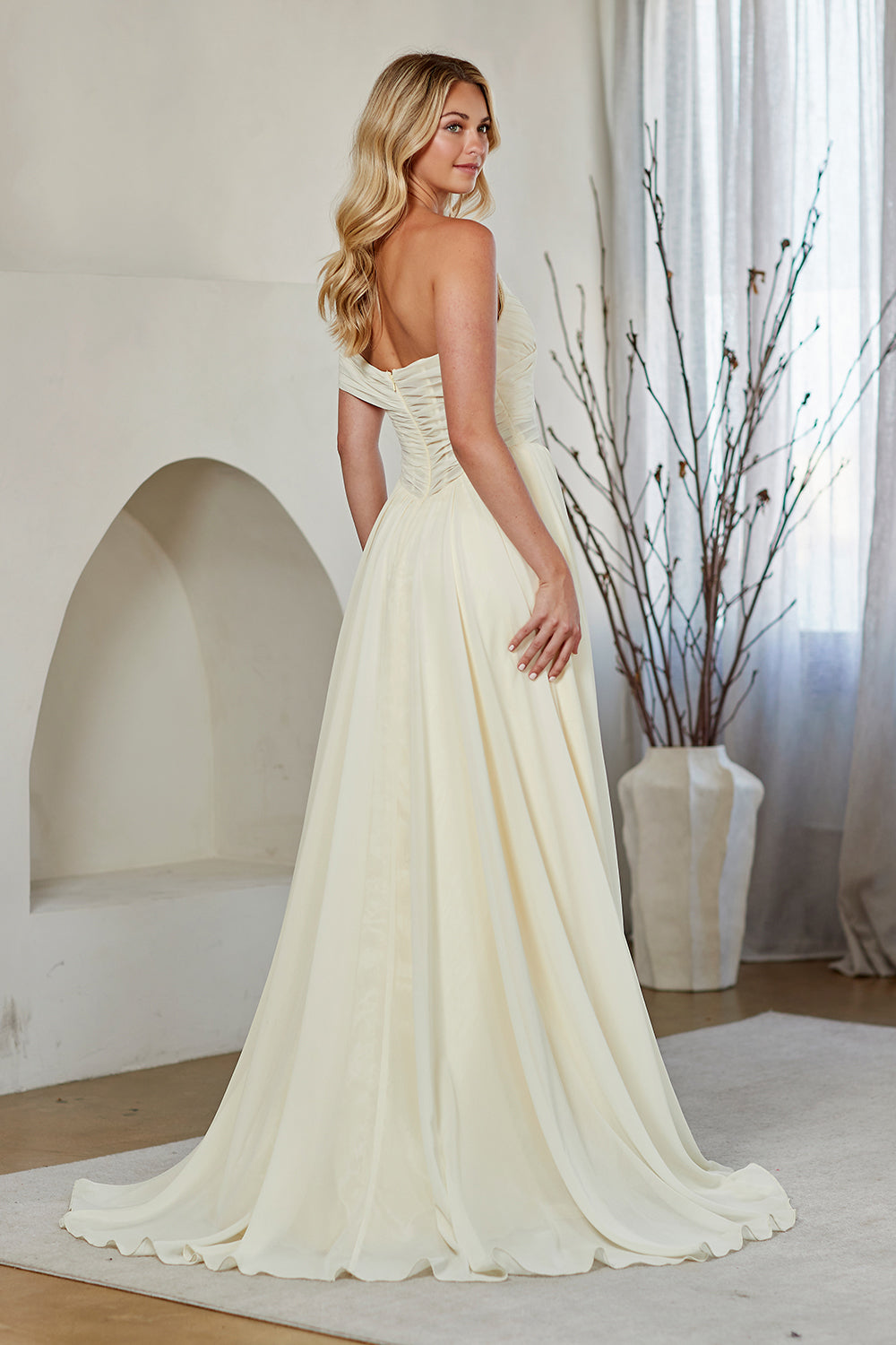 9097 off shoulder corset a-line gown, yellow, back view