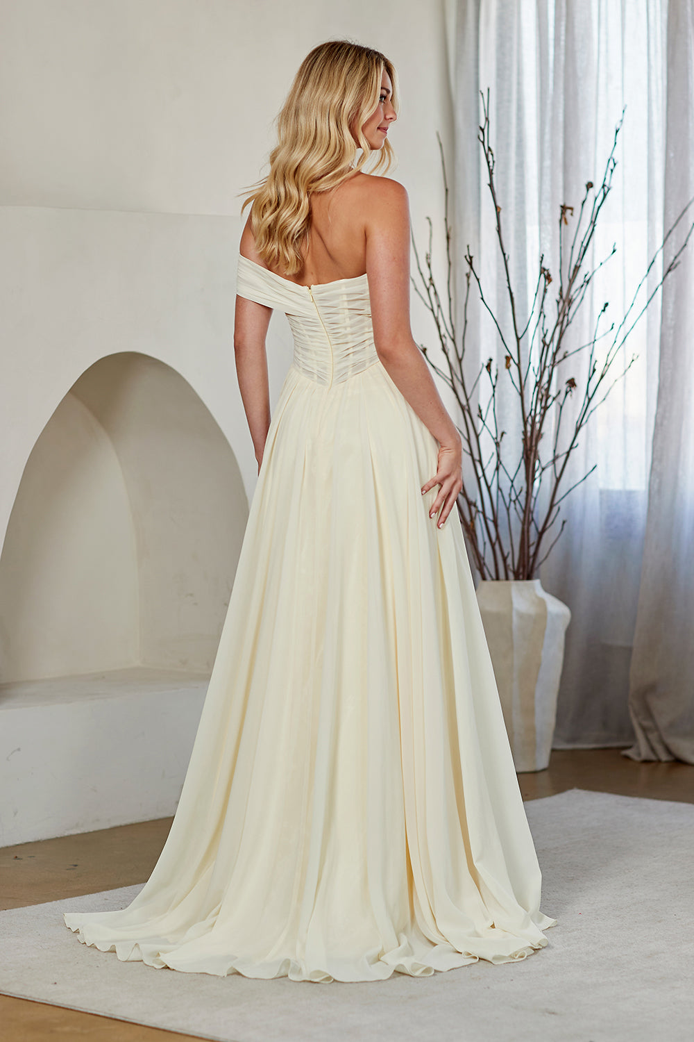 9097 off shoulder corset a-line gown, yellow, back view