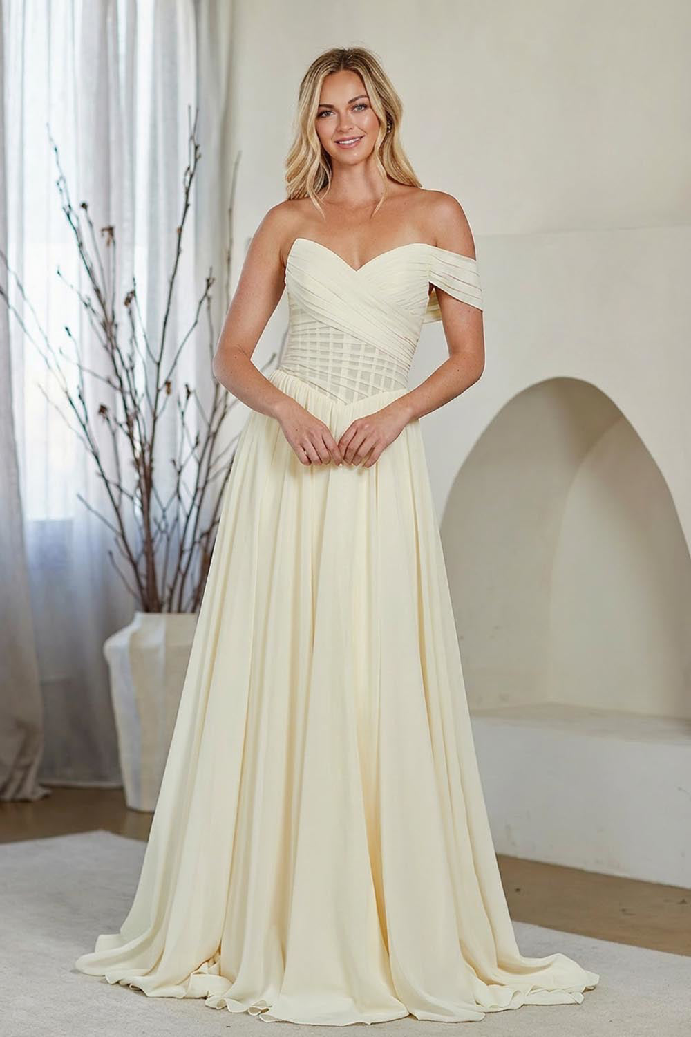 9097 off shoulder corset a-line gown, yellow, front view