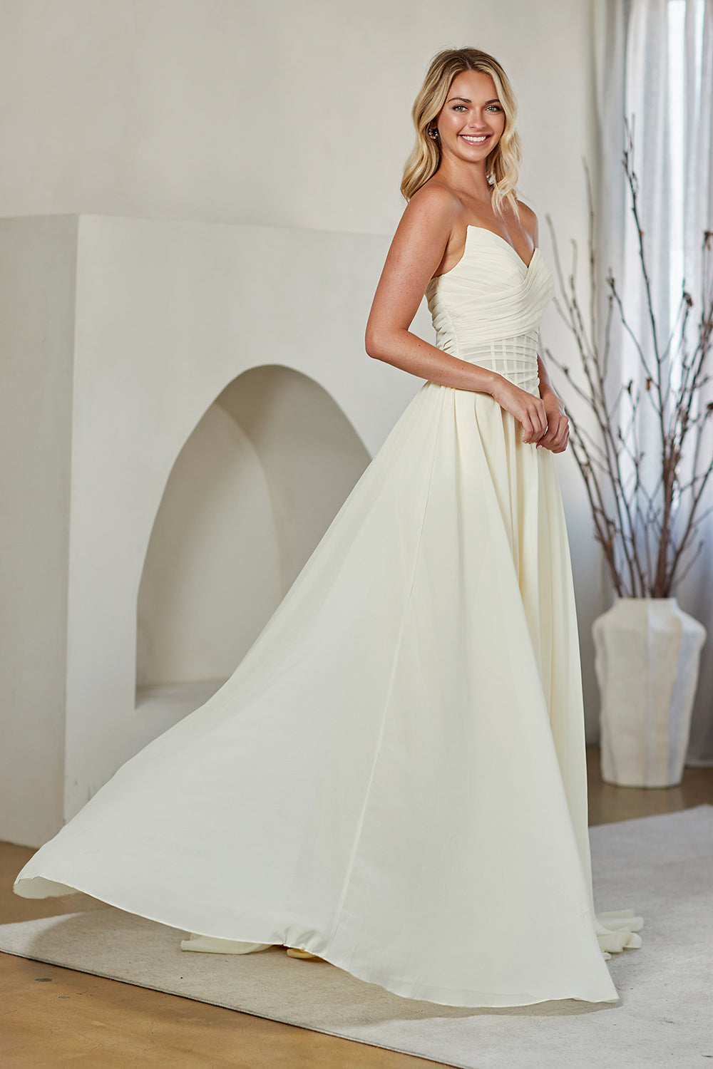 9097 off shoulder corset a-line gown, yellow, front view