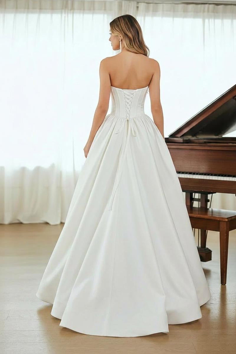 AL1402 strapless satin a-line wedding dress, white, back view
