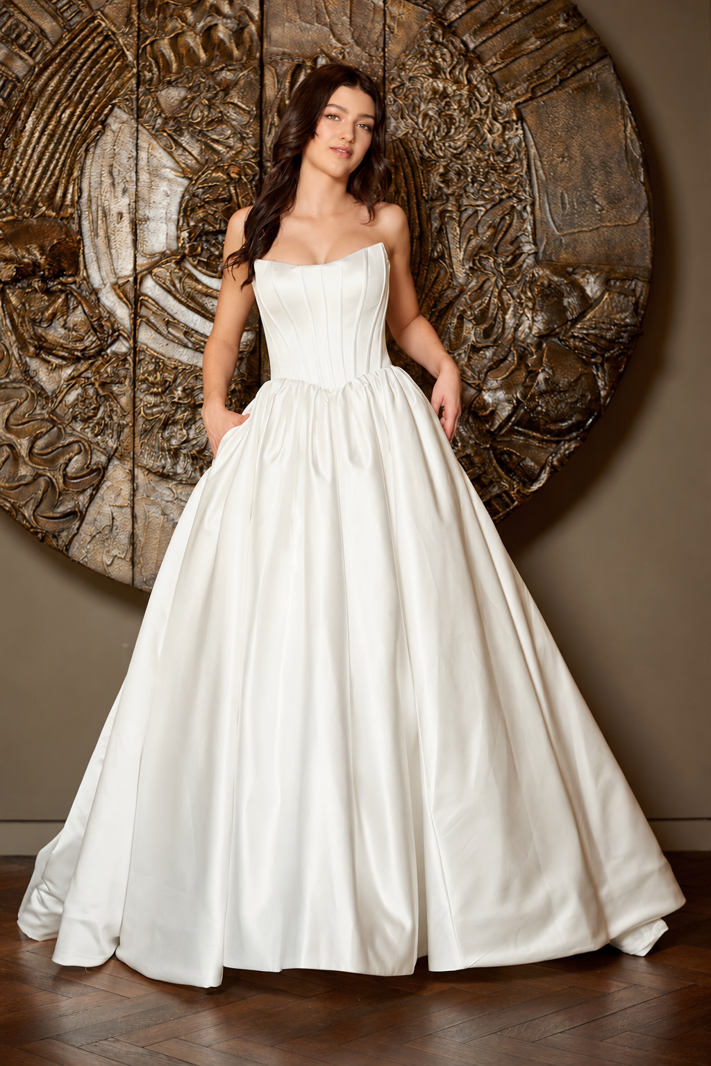 AL1402 strapless satin a-line wedding dress, white, front view
