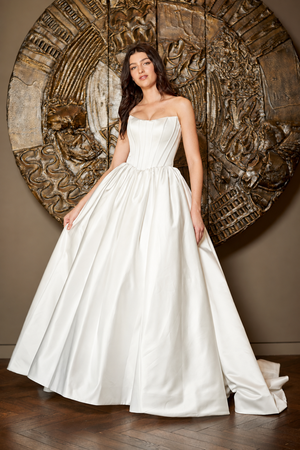 AL1402 strapless satin a-line wedding dress, white, front view