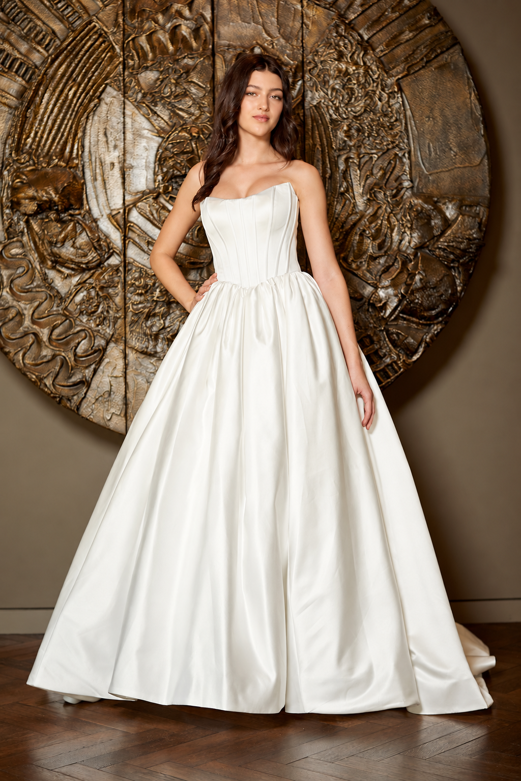 AL1402 strapless satin a-line wedding dress, white, front view