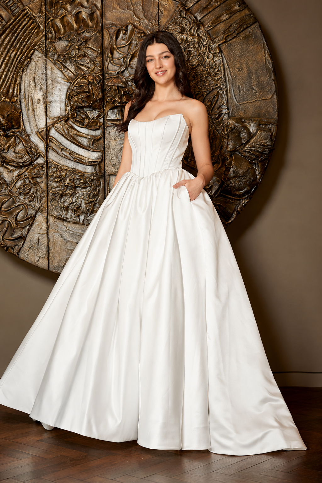AL1402 strapless satin a-line wedding dress, white, front view