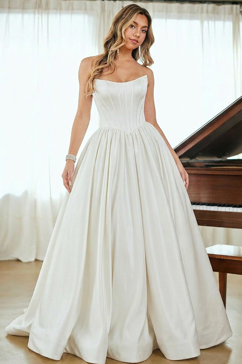 AL1402 strapless satin a-line wedding dress, white, front view