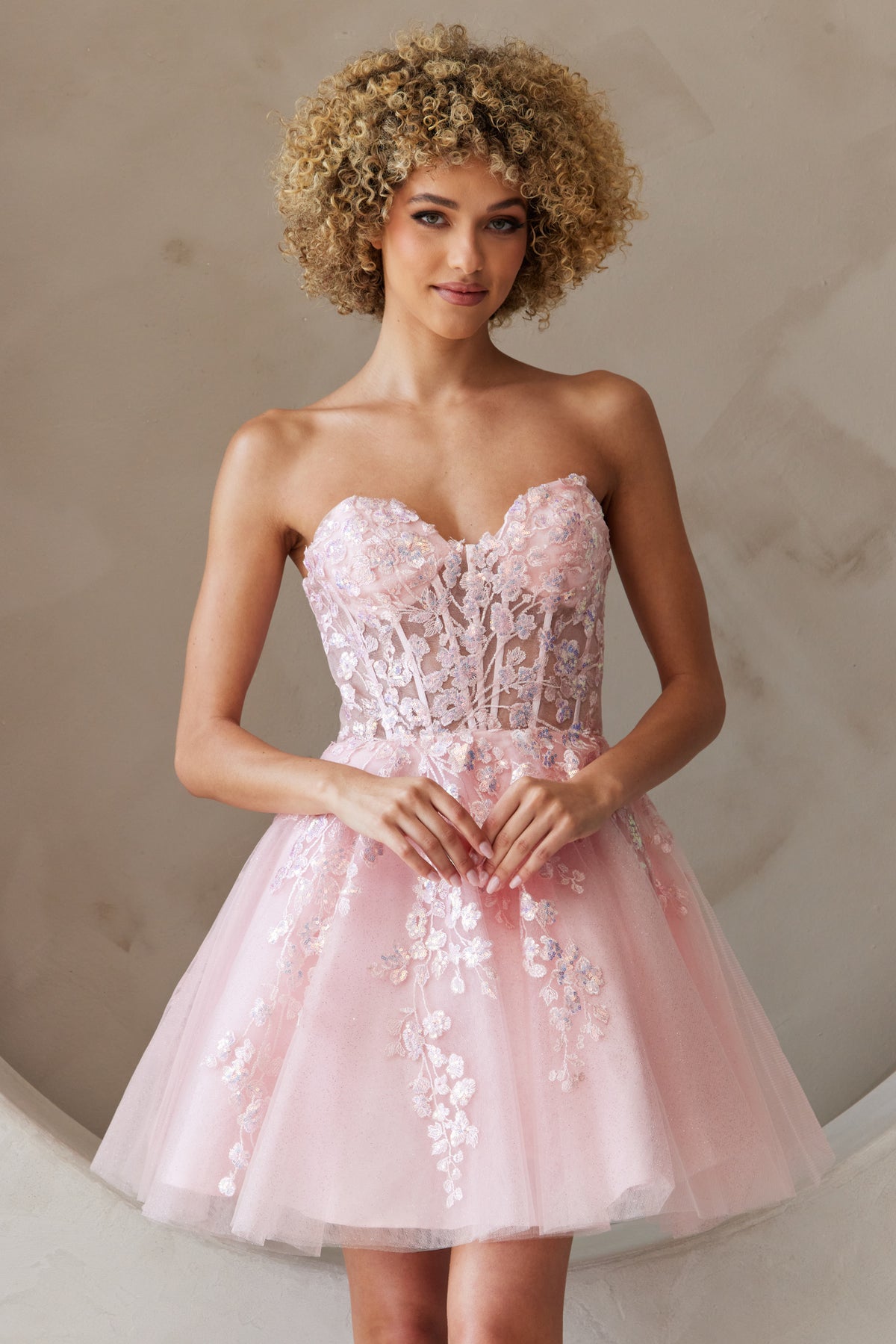 BZ9024S floral corset tulle short dress, blush, front view