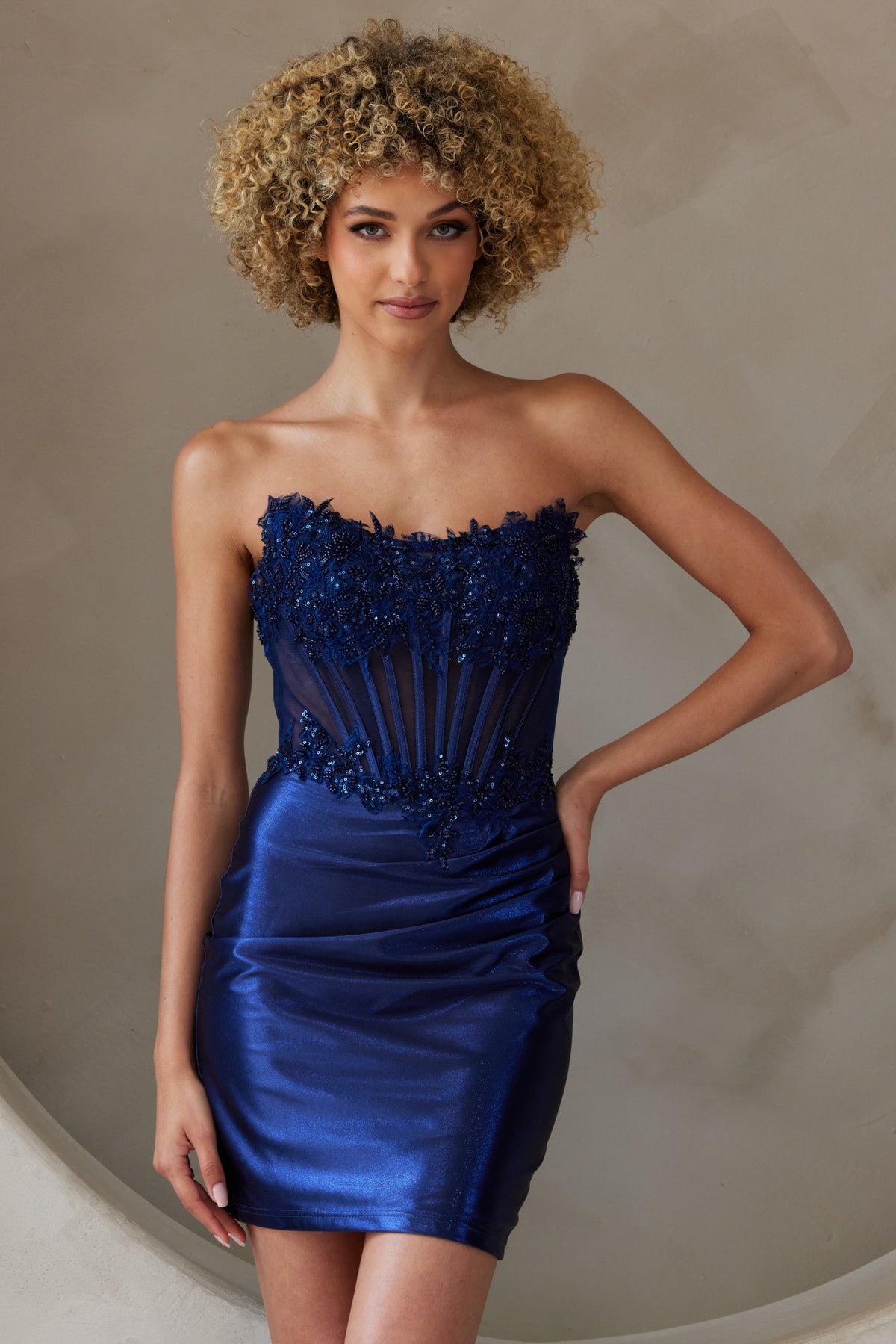 Paulina strapless lace corset satin mini dress, navy, front view
