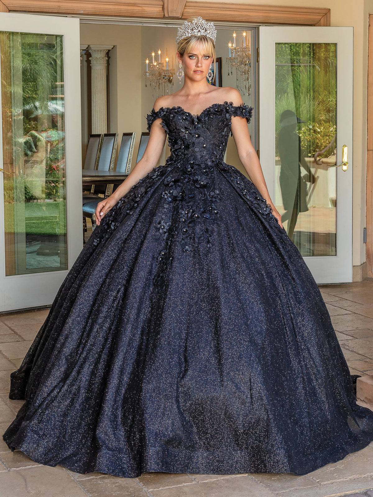 Dancing Queen 1527 quinceanera dress in black, front view