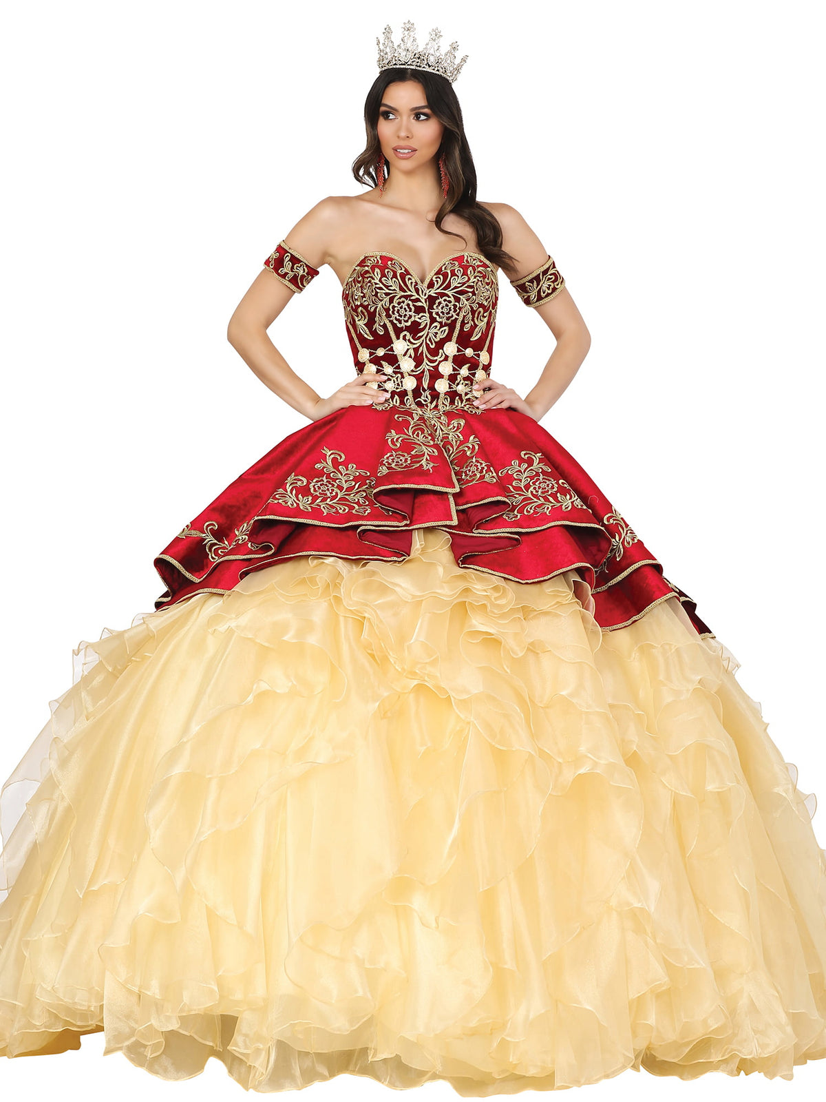 Dancing Queen 1529 quinceanera dress in burgundy, front view