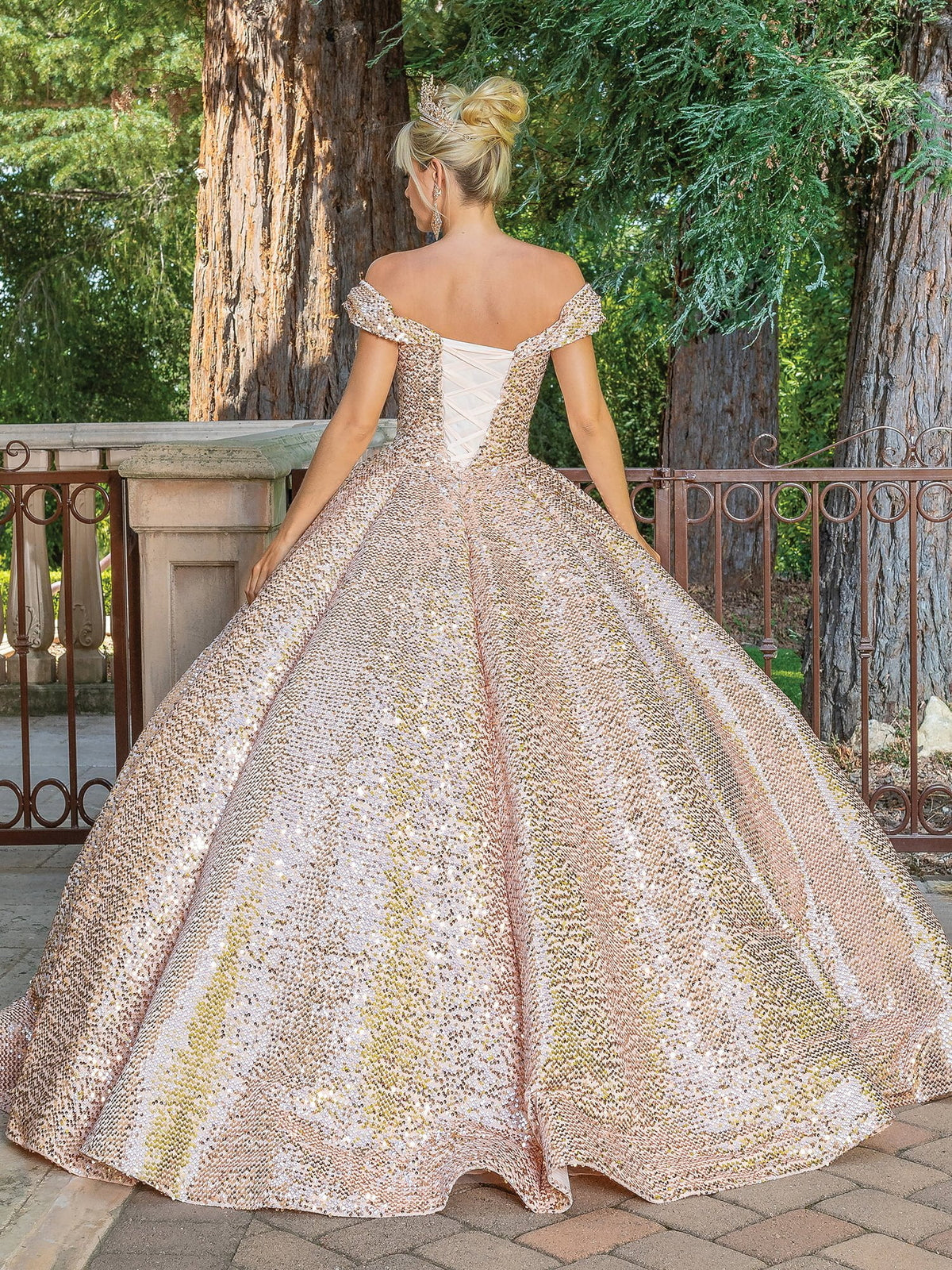 Dancing Queen 1559 quinceanera dress in rose gold, back view