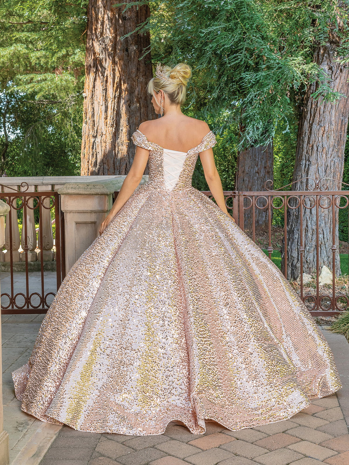 Dancing Queen 1559 quinceanera dress in rose gold, back view