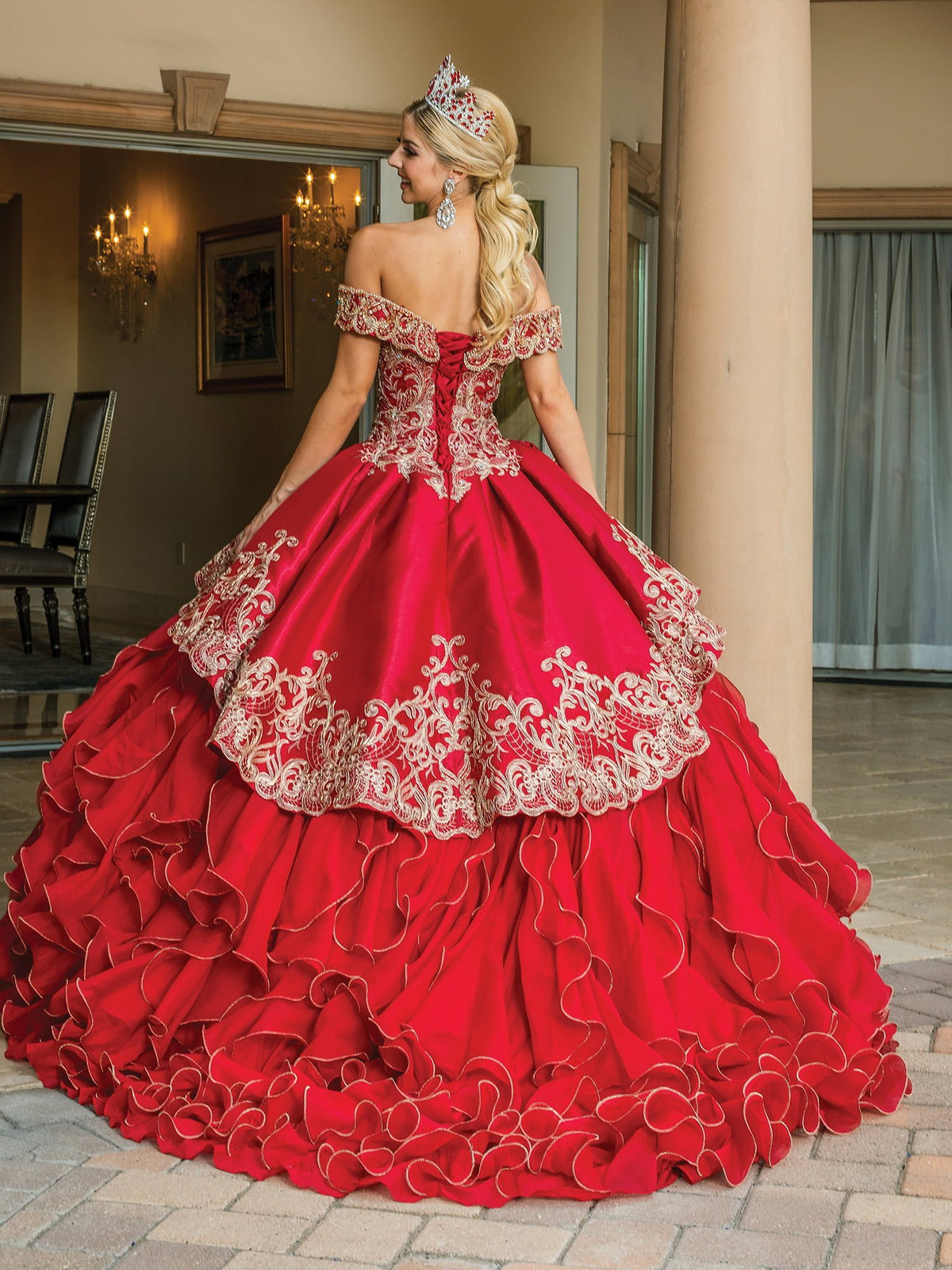 Dancing Queen 1599 quinceanera dress in burgundy, back view