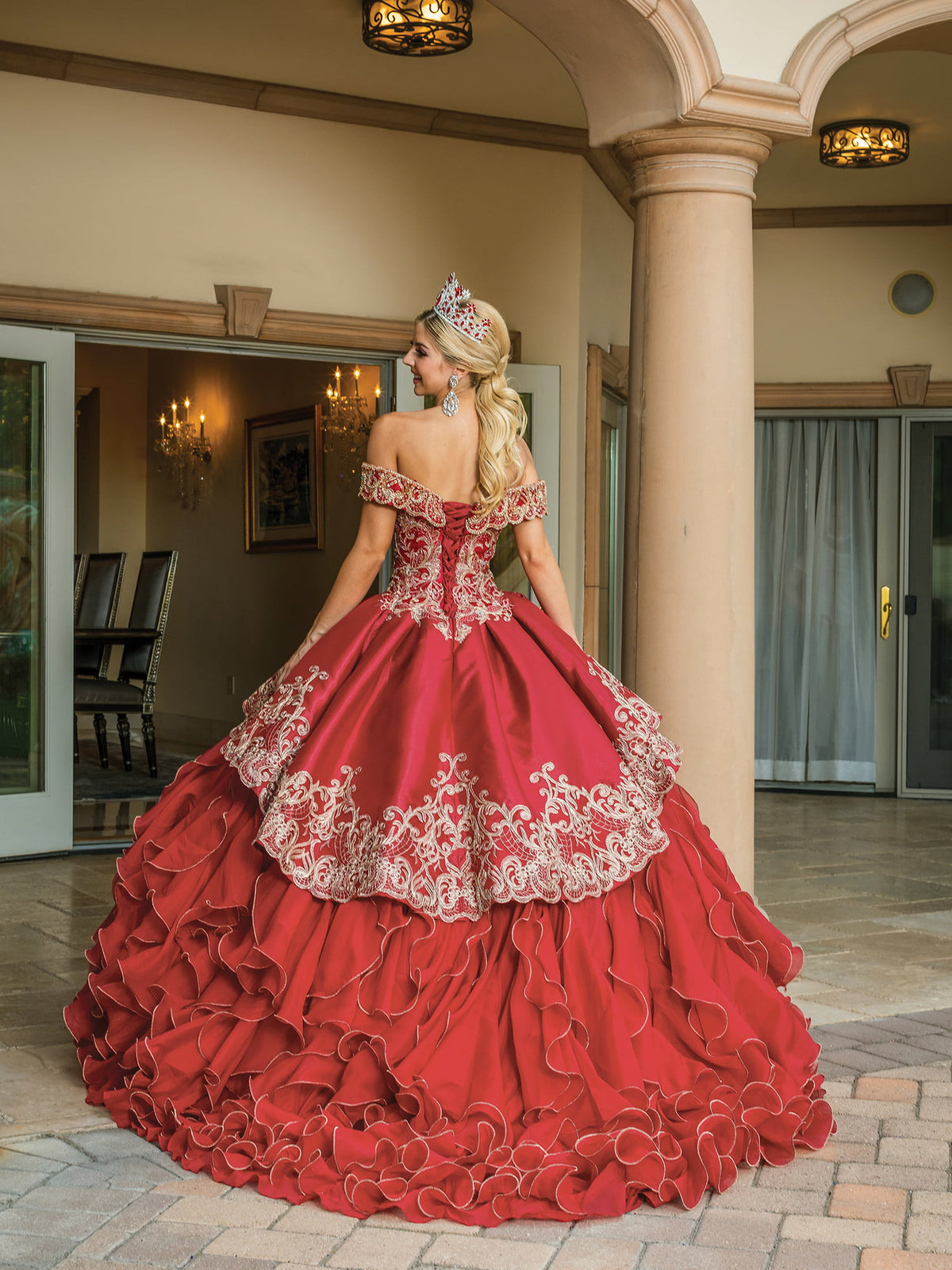 Dancing Queen 1599 quinceanera dress in burgundy, back view