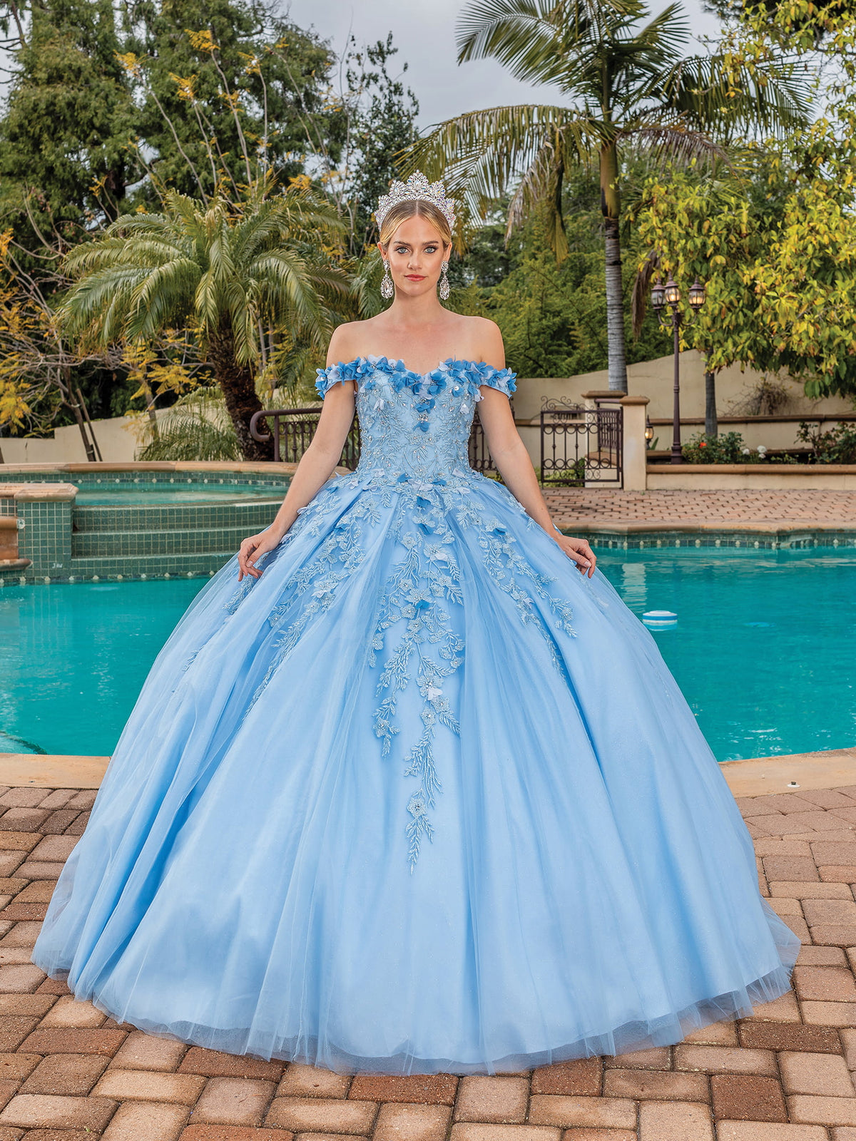 Dancing Queen 1620 quinceanera dress in bahama blue, front view