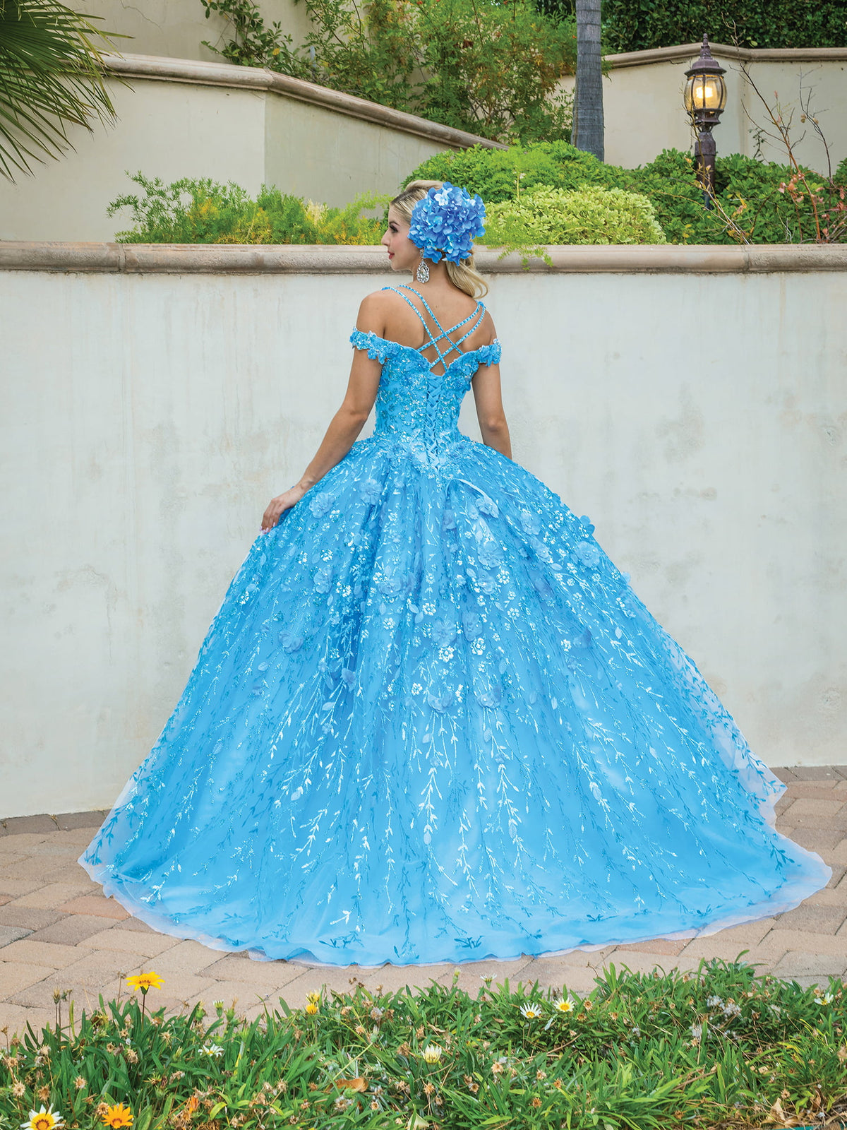 Dancing Queen 1640 quinceanera dress in bahama blue, back view