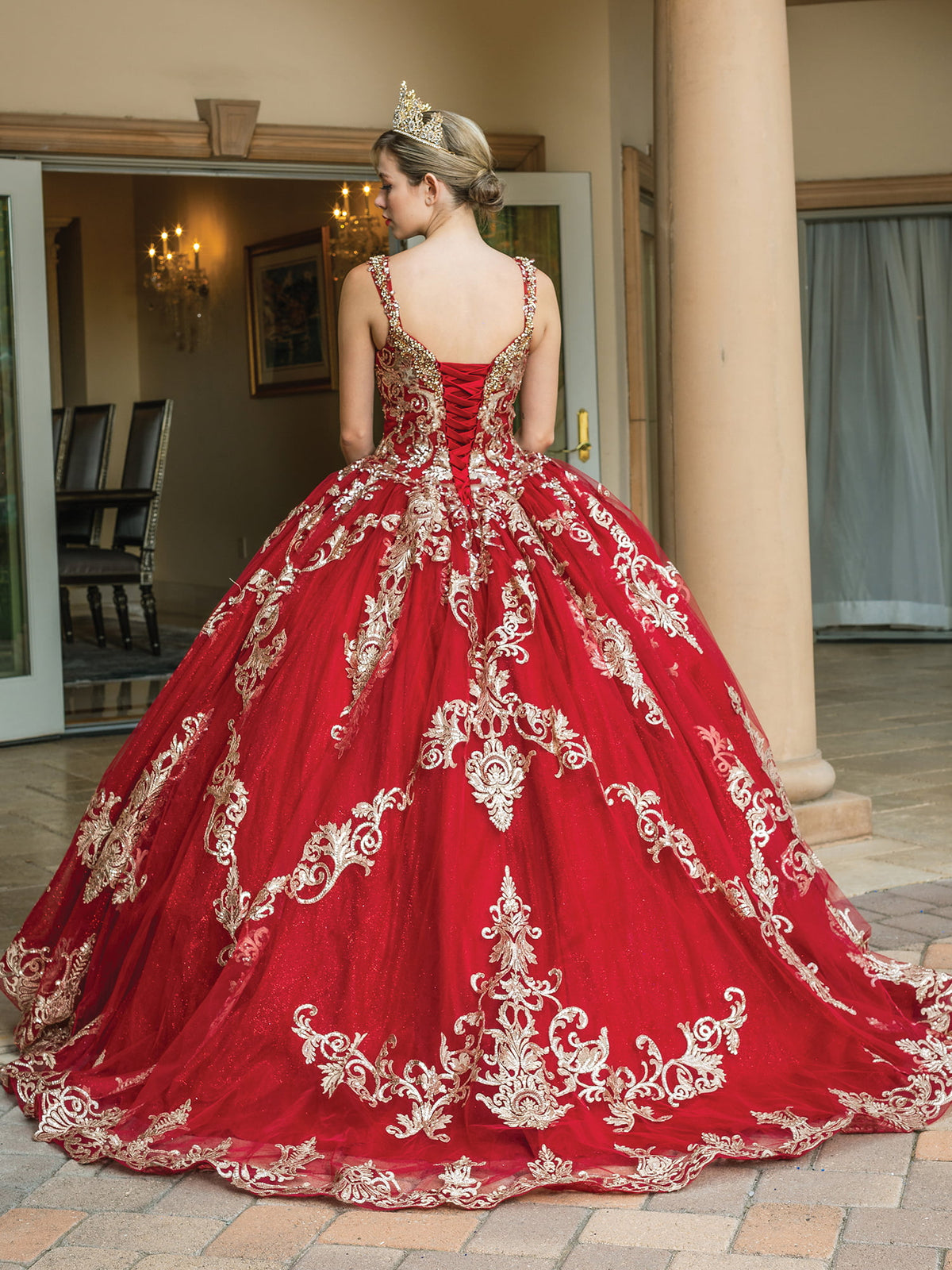 Dancing Queen 1651 quinceanera dress in burgundy, back view