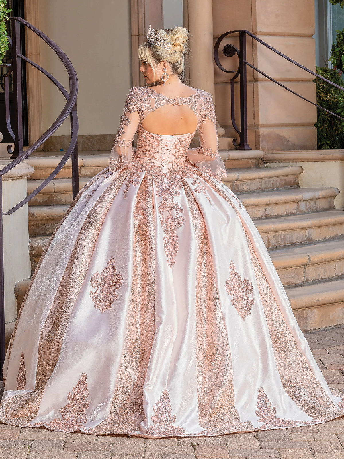 Dancing Queen 1665 quinceanera dress in rose gold, back view