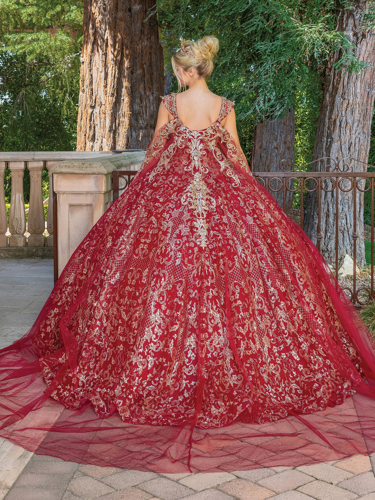 Dancing Queen 1670 quinceanera dress in burgundy, back view