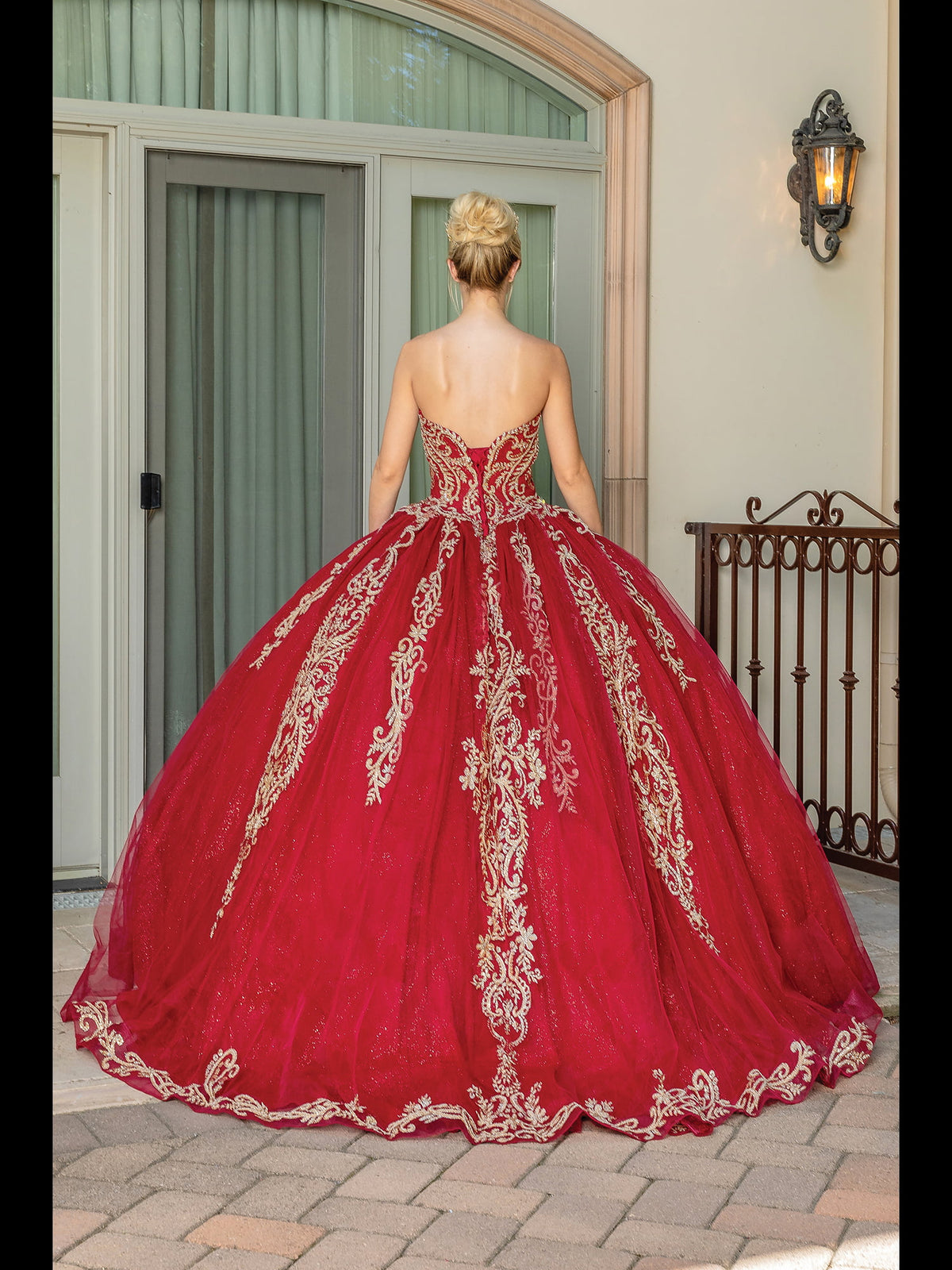 Dancing Queen 1672 quinceanera dress in burgundy, back view