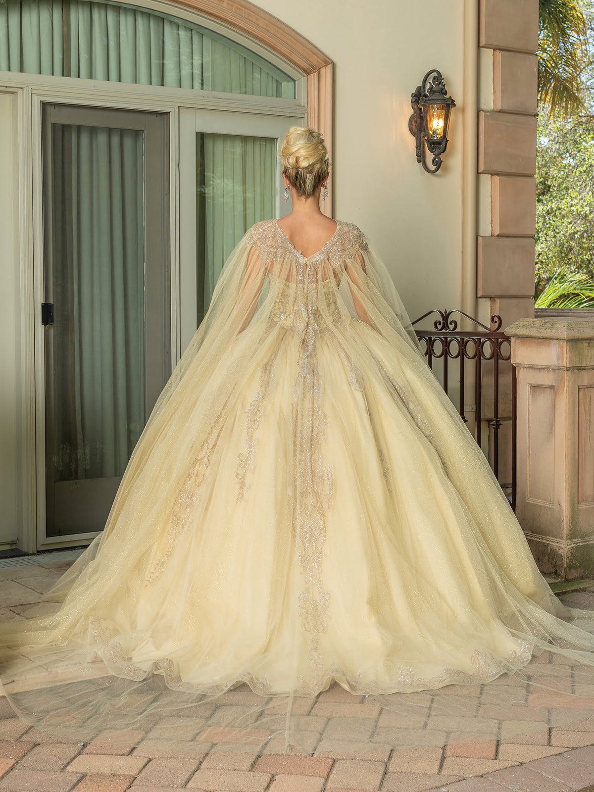 Dancing Queen 1672 quinceanera dress in champagne, back view