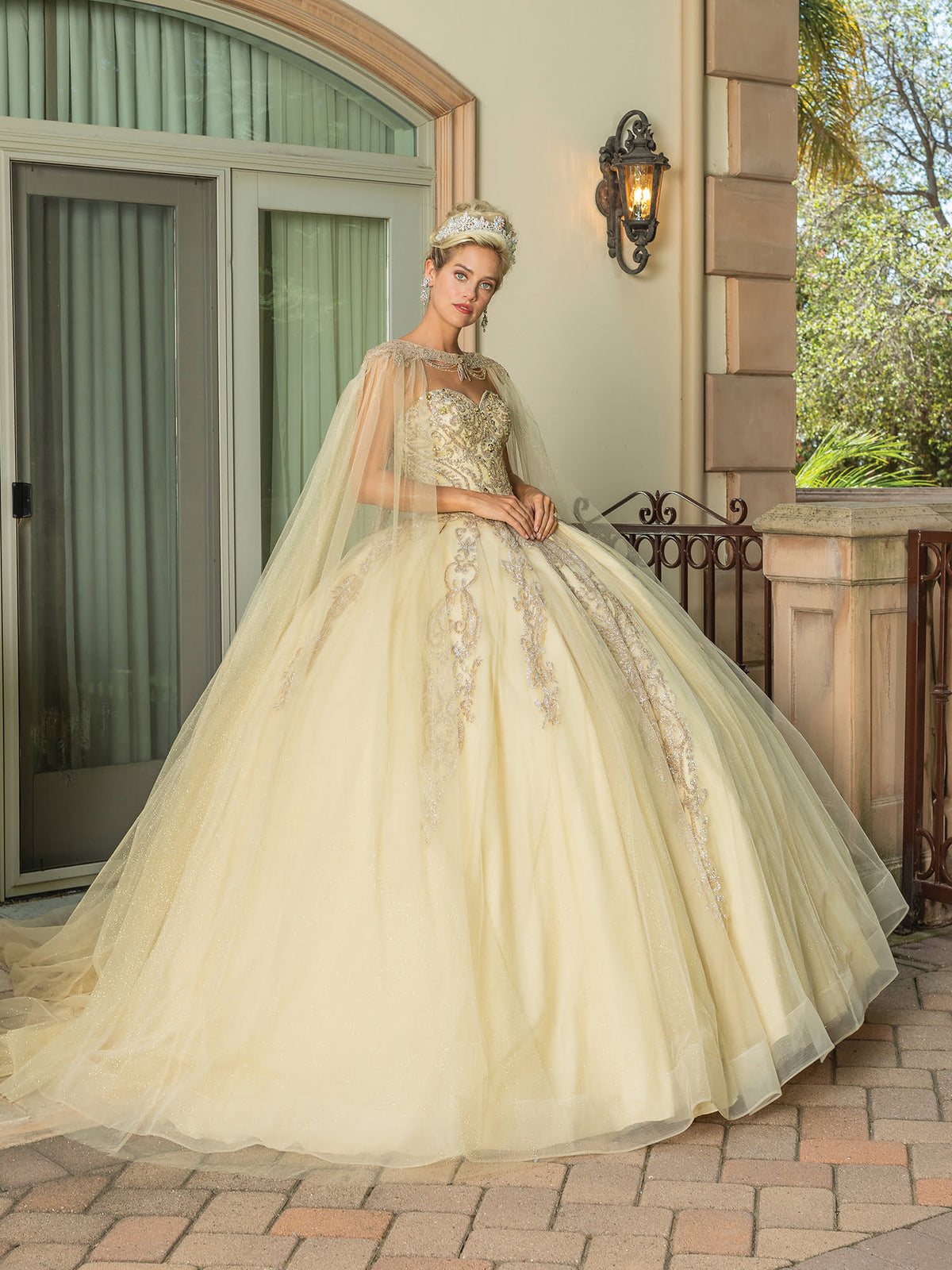 Dancing Queen 1672 quinceanera dress in champagne, front view