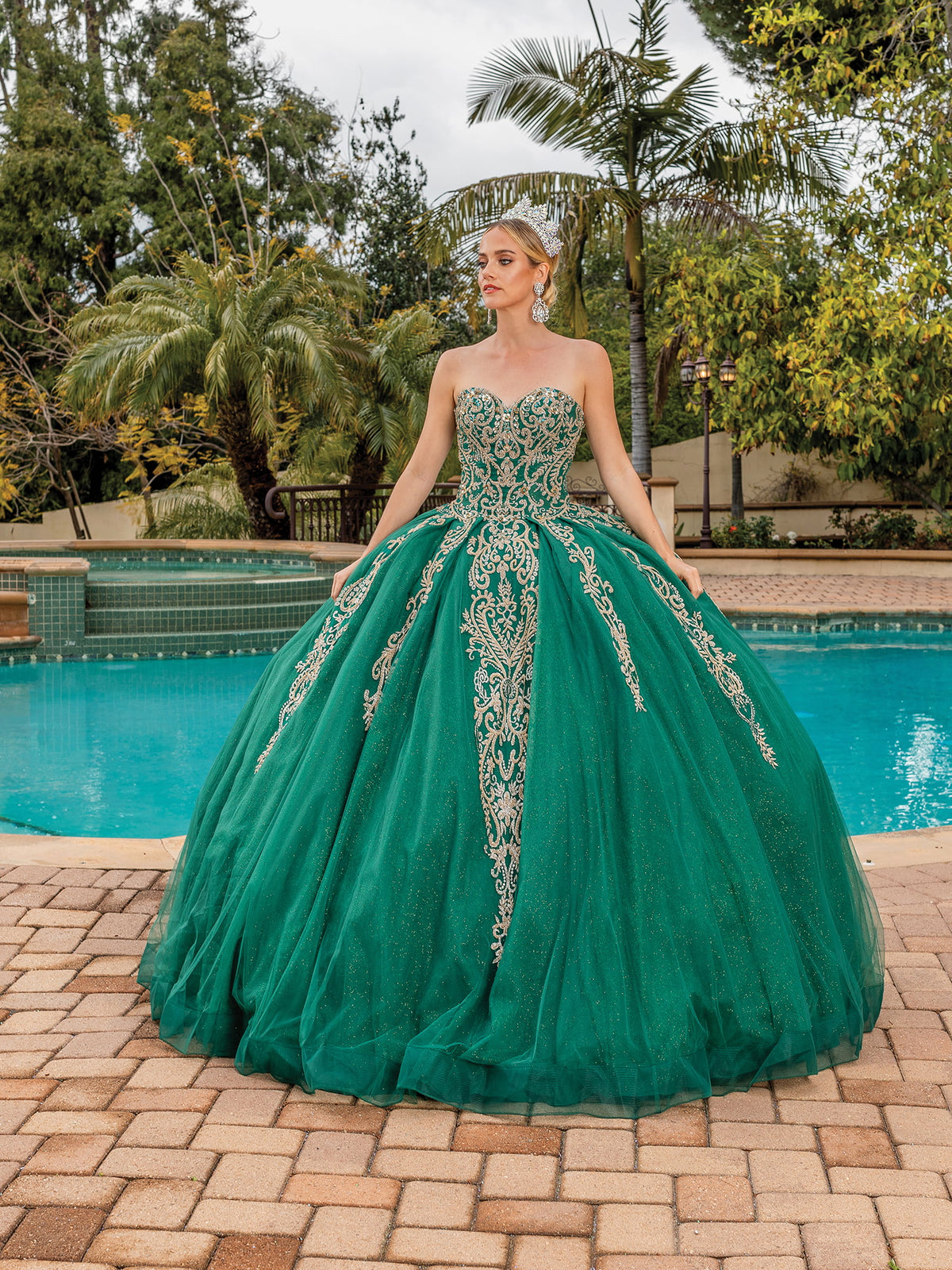 Dancing Queen 1672 quinceanera dress in hunter green, front view