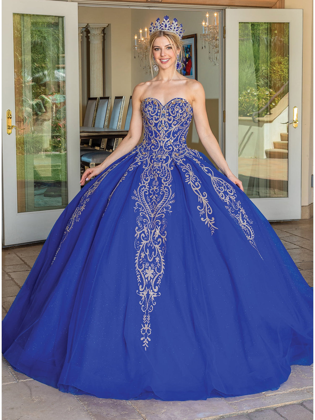 Dancing Queen 1672 quinceanera dress in royal blue, front view