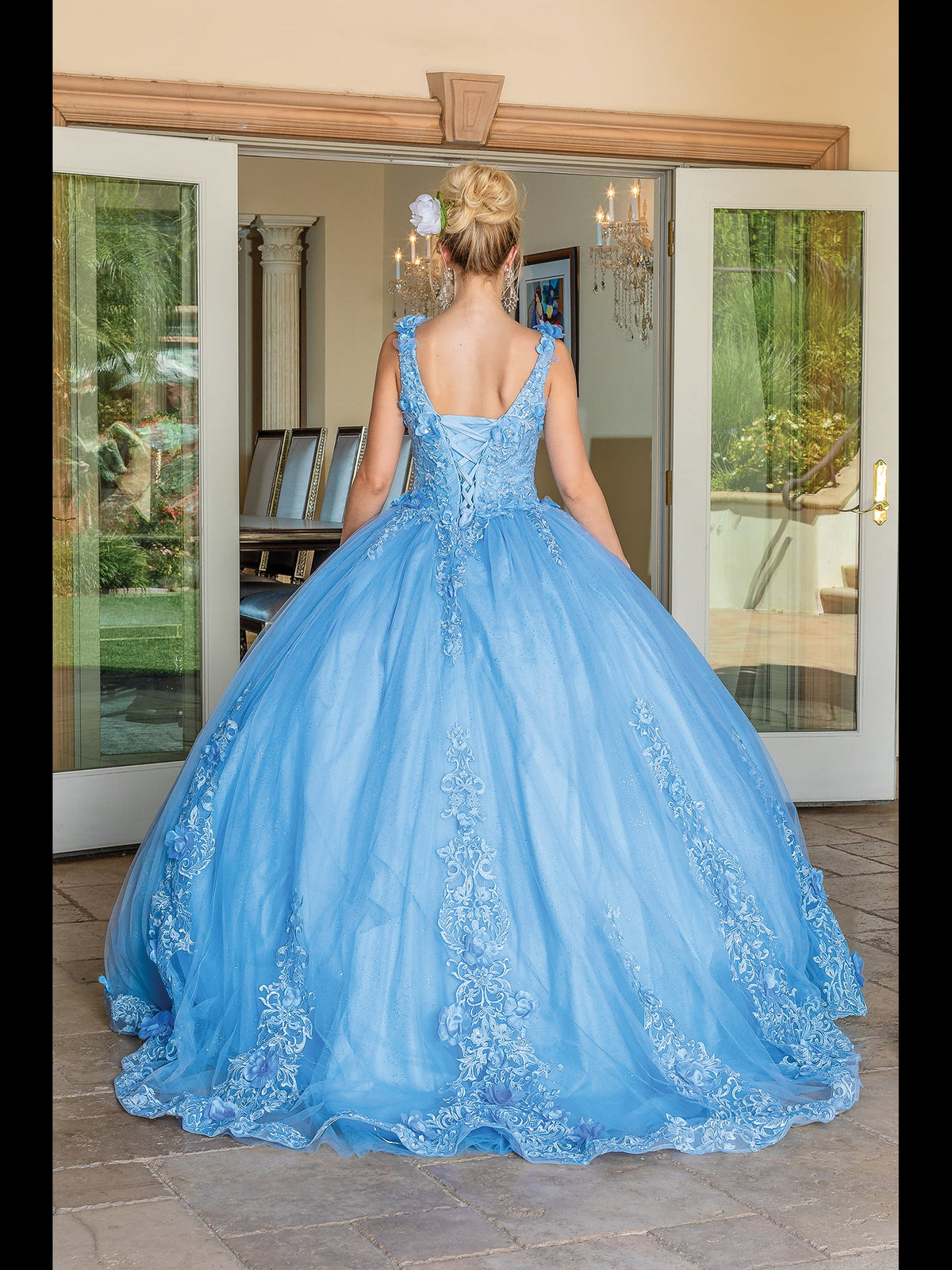 Dancing Queen 1678 quinceanera dress in bahama blue, back view
