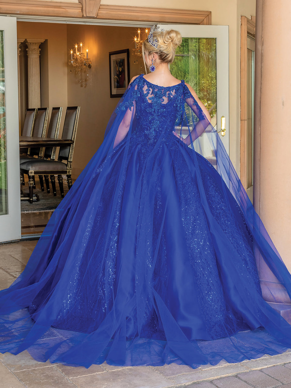 Dancing Queen 1680 quinceanera dress in royal blue, back view