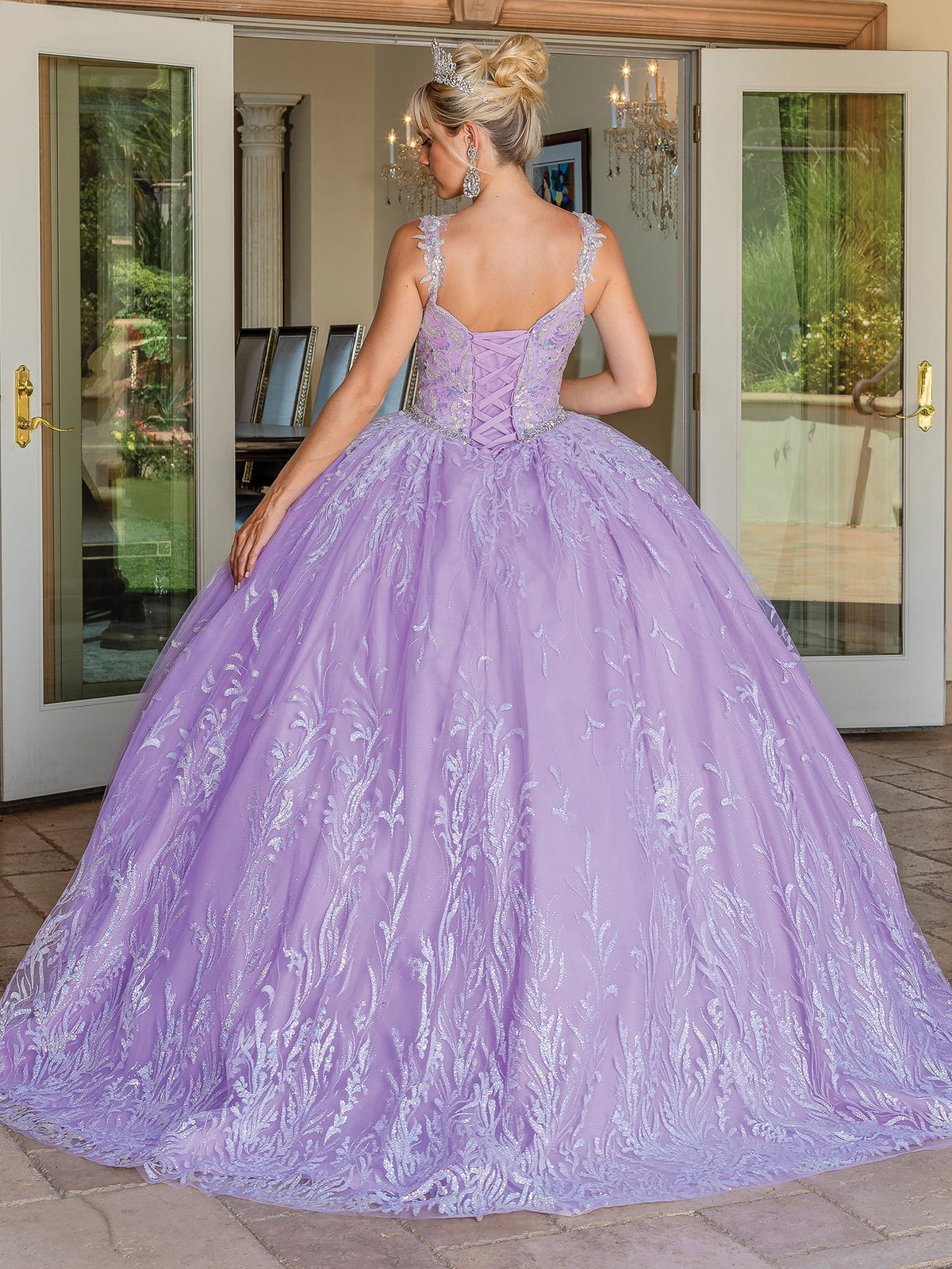 Dancing Queen 1685 quinceanera,sale dress in lilac, back view