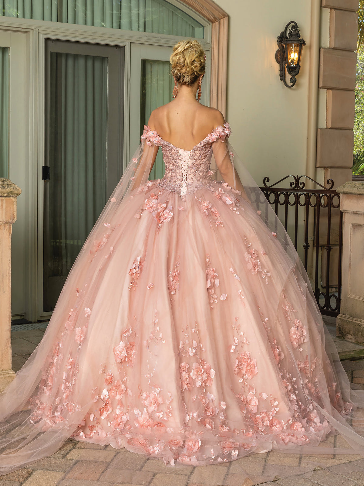 Dancing Queen 1695 quinceanera dress in rose gold, back view